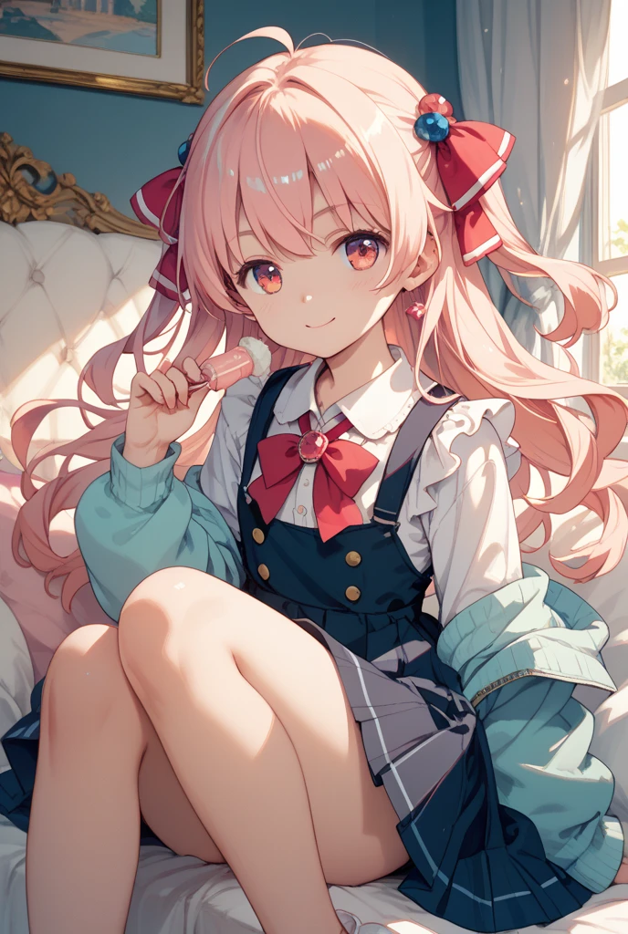 A baby-faced beautiful girl around 10 years old,Long pink wavy hair, half twin tail,Emerald green eyes,(Red Bunny Girl Suit;1.5),Waist-length black fishnet tights,President's Chair, hands up, elbows on table, face palm, crossed legs ,grinning face, smirk, tongue out