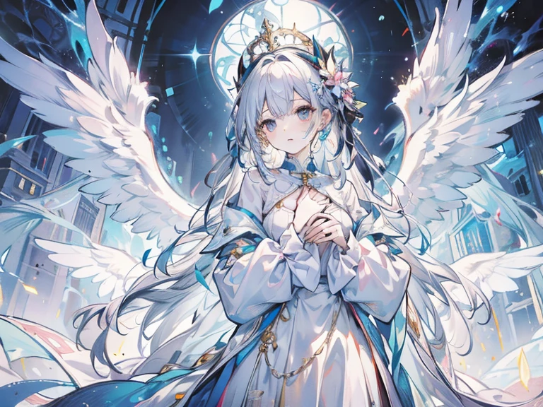(((Masterpiece))), (((Beautiful Light))), Anime Girl, 1girl, Young, Short Height, Flat Chest, Solo, Wings, Long Hair, Dress, Blue Eyes, White Dress, Priestess Dress, Cape, White Hair, White Pantyhose, Feather Wings, Watching People, Very Long Hair, White Wings, Bangs, Gradient Hair