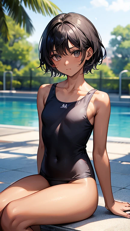 Highest quality、Realistic、、zoom、Primary school students、man、look up、cute、Light grey eyes、Black Hair、short hair、Tanned brown skin、Dark Skin、Upper body naked、Small swimsuit、Flat Chest、Bust Shot、thin、Pool、Sitting with legs crossed