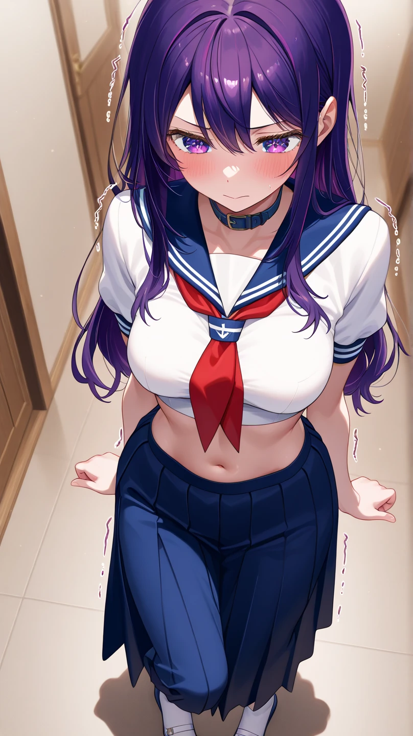 Masterpiece、8K、beautiful girl,toilet、Sailor suit、Clearly defines the overall facial contours,Depict the whole body,Beautiful posture,Hair is purple、Sweat、Oily skin、Twin tails、Fine skin、sneakers、Looking up、blush、skirt、Stretching out the tongue、Sit on a chair、Open your mouth wide、Muscular belly