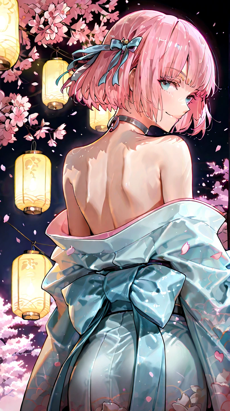longshot、Doll standing in front of the painting、bionde、Close your right eye、flowing sakura-colored silk、nendroid、highly_Detailed!!,Cherry blossom petals、Flowing cherry blossom silk、season!!: 🌸 ☀ 🍂 ❄、long boots、ultradetailed eyes、Full Paint、（Floral hair ornament、butterfly hair ornament）、masutepiece、Taken from behind、Anatomically correct、blur、depth of fields