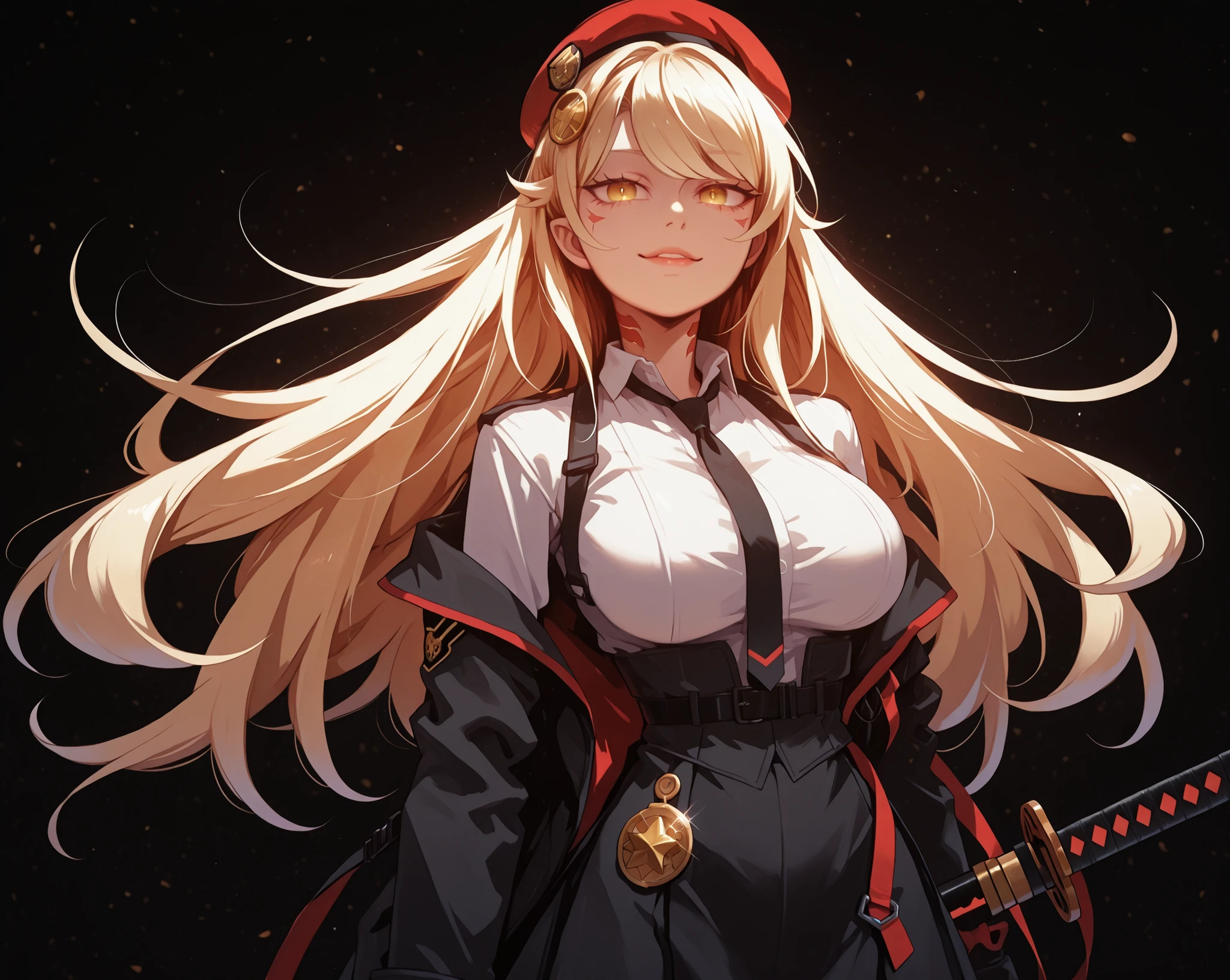  A young female character , with the same height and body type as Shinobu Oshino from Oshino Monogatari, has long blonde hair with a red ribbon on one side of her head, da personagem, just like Shinobu Oshino from the series Monogatari, and the same facial features as Shinobu Oshino from the same series: olhos vermelhos, but with a provocative and confident smile. She wears a black military uniform with a black skirt. This uniform is very detailed, with gold medals and symbols, a red tie and a military badge red on the top of your head, slightly tilted to the side. huge black katana with red details with futuristic cyberpunk design details. His pose is bold and conflicted, series aimed directly at the viewer with a slightly tilted head, shoulders back and an expression full of confidence, olhos vermelhos,  big breasts and buttocks .

The overall style must be detailed and colorful, matching the rendering quality, but with a punk touch and a younger and more feminine appearance, red beret on top of the head slightly tilted to the side, muito maior do que, huge black katana with red details with futuristic cyberpunk design details, fundo preto.