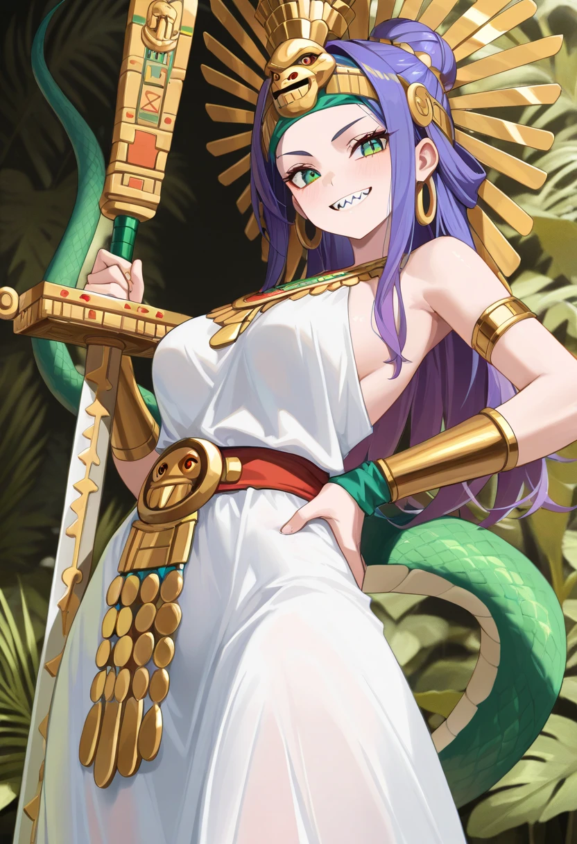 (masterpiece, best quality:1.2) 1girl, solo, oking at viewer, green hair, snake hair, medusa, yellow eyes, snake eyes, pointy ears, scales (loincloth), tunic, toga, greek armor, partial armor, gold bracelets, chains, greek clothes, small breasts, outdoors, ancient greece, ((greek temple)),