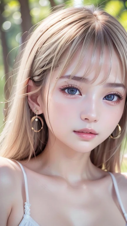 ((sfw: 1.4)), (( detailed face, cute face, detailed face, professional photography)), ((from side)), (( off-the-shoulder top)), (( Shiny platinum blonde silk hair, beautiful shiny bangs, big clear sky blue eyes, very beautiful bright eye highlights, earrings, 1 Girl)), Ultra High Resolution, (Realistic: 1.4), RAW Photo, Best Quality, (Photorealistic Stick), Focus, Soft Light, ((15 years old)), (( (young face))), (surface), (depth of field), masterpiece, (realistic), woman, bangs, ((1 girl))