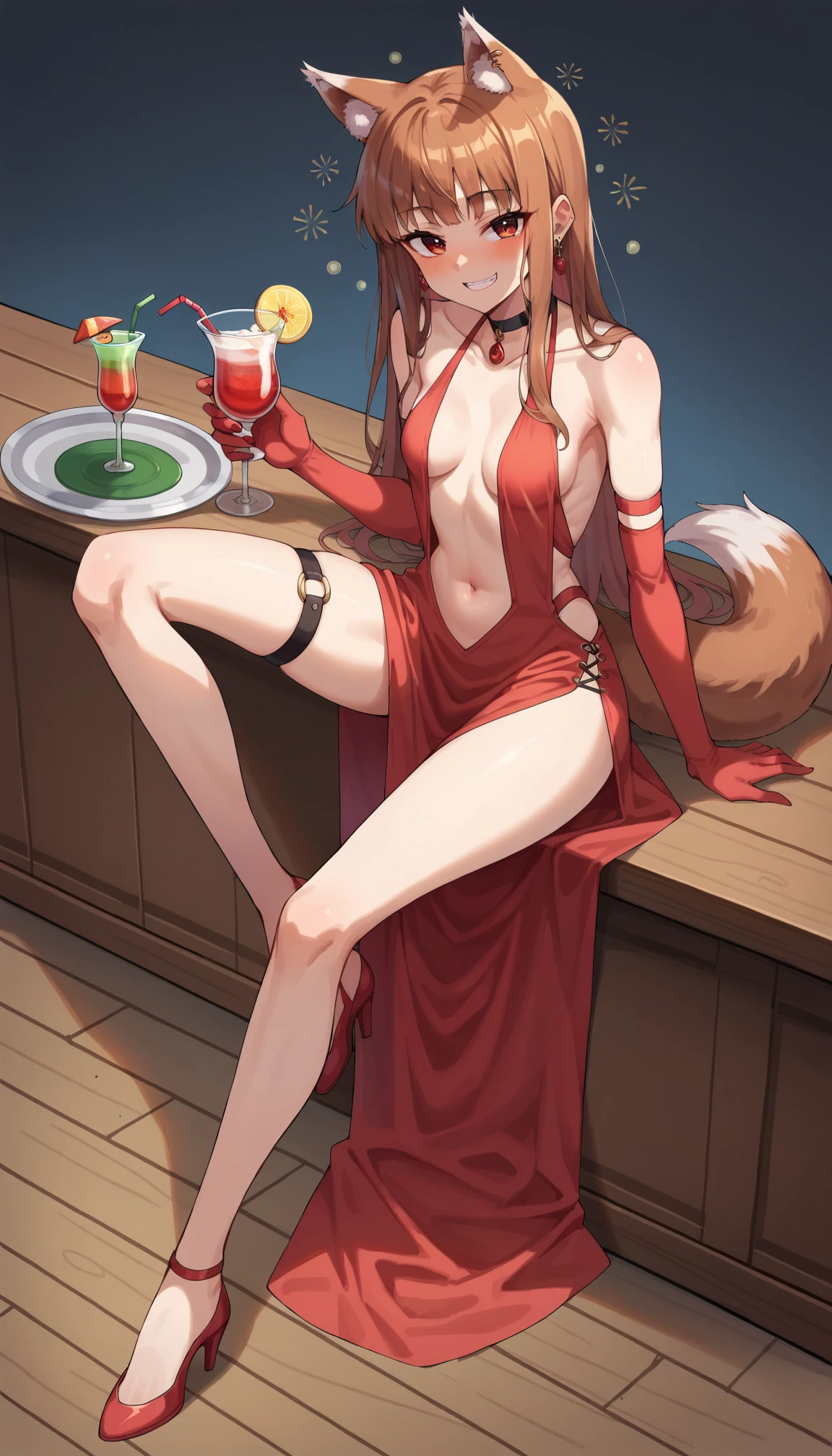 score_9, score_8_up, score_7_up, score_6_up, source anime,(masterpiece, best quality:1.3),extremely detailed,cowboy shot,1girl,(holo),spice and wolf,solo,wolf girl,wolf ears,wolf tail,light, brown hair,small breasts,center opening,cleavage,navel,bare back,slim,slim legs,long hair,earings,looking at viewer,(smirk,drunk),(loose clothes),red evening gown,elbow gloves,sleeveless,backless,see-through,thigh strap,heels,choker,jewelry,indoor,(cocktail party),best quality,amazing quality,very aesthetic,absurdres