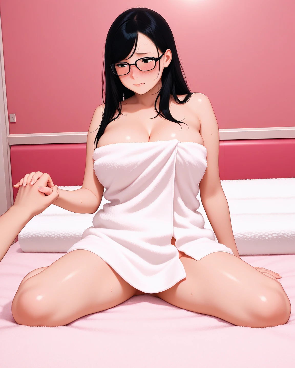 from below、(background bokeh)、（no background）、Super detailed illustrations、Super precise expression、masterpiece、highest quality、ultra High resolution、High resolution、1 girl、penis、Blowjob、Blowjobチオ、big breasts、(Sweat、body fluid)、blue bikini、shiny skin、Ahegao、(black hair:1.3)、(long hair、Braid、Glasses)、arm behind head、(Mommyfy)、