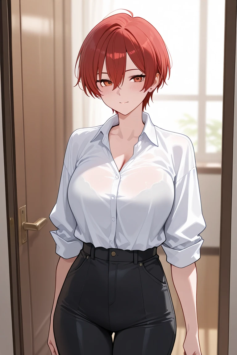 _asura style, 1girl, red hair, green eyes, short hair, white shirt, black pants, cowboy shot, medium breasts, smile