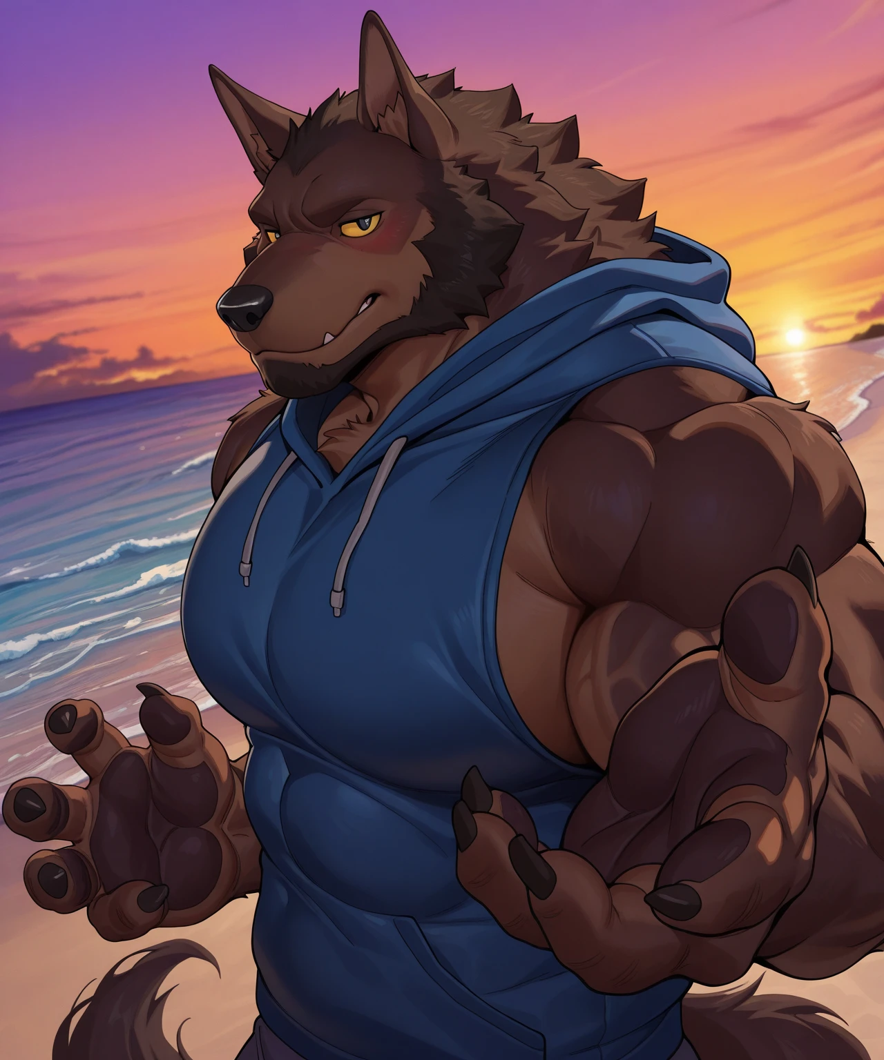 ((cel-shading, portrait, side view, bright beach background, light color palette, global lighting)), 1boy, abs, bara, bare shoulders, suspended in midair, (black hair, body hair, copious luxuriant bushy far-reaching black chest hair, bushy black fur all over chest, hairier chest than possible), clothing cutout, cuffs, dark skinned male, thick facial hair, handcuffs, jewelry, large pectorals, (long bushy black sideburnale focus, mature male, medium hair, slim, muscular, muscular male, navel, pectorals, short hair, sideburns, solo, stomach, stubble, thick thighs, butt, (((naked, tentacles combing his pubic-hair, tentacles rubbing his pubes, tentacle attack, tentacles holding his hands, legs held by tentacles, sliding on tentacle like a banister, tentacle rubbing his perineum))), thighs, tight, watch, ((wolf, wolf tail, huge hairy groin, pubes, pubic hair, happy-trail, treasure-trail, copious luxuriant bushy far-reaching black nether-hair, very hairy snatch, landing strip covered in pubic-hair, pubic hairy perineum, bushy tush)), expression of ecstasy, passionate gaze, wincing with pleasure