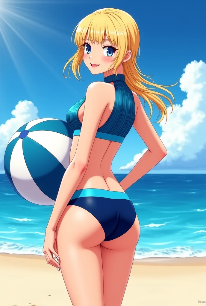 Create a busty blonde showing her tits with big anime thighs playing volleyball