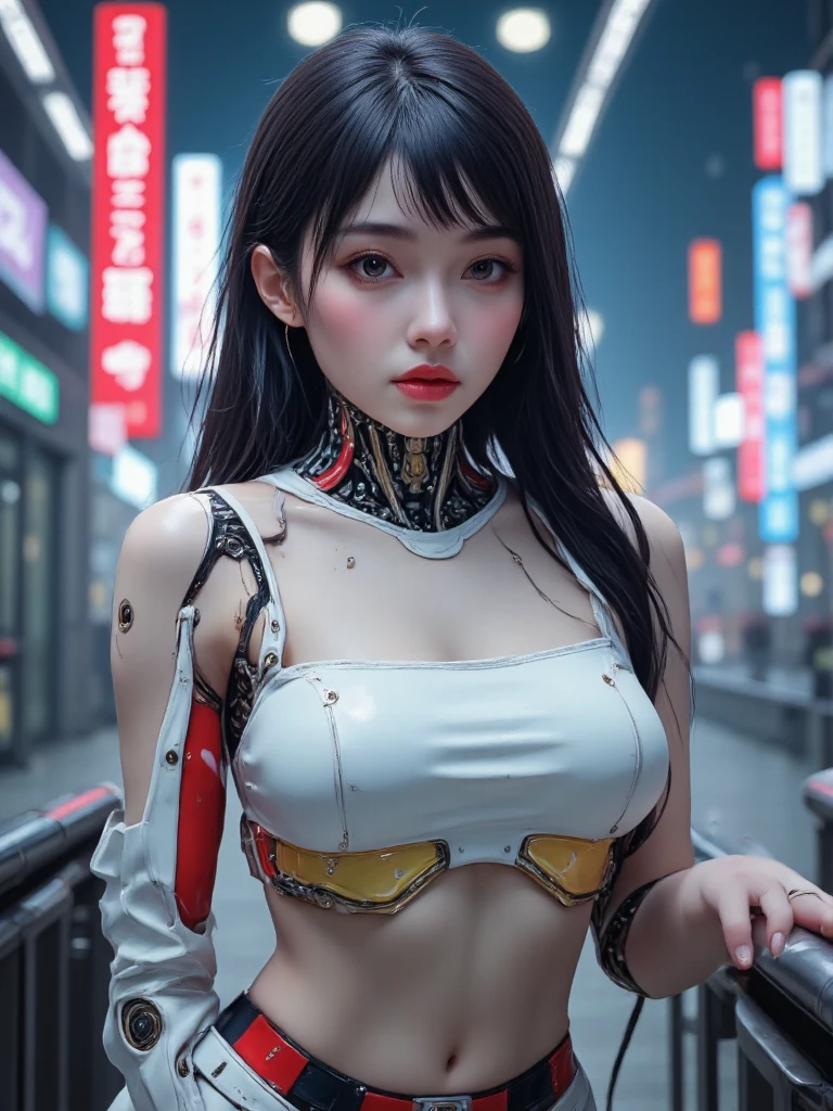 (((masterpiece)))、((top-quality))、(The ultra-detailliert)、8K、(Very noble and beautiful))、Cinematic Light、((1 Mechanical Girl))、Looking here、White ceramic body、a purple eye、Colossal tits、The cleavage visible、Single、(Mechanical joint:1.4)、((Mechanical limb))、(Blood vessels attached to tubeechanical spine attached to the back))、((Mechanical cervical vertebrae attached to neck))、(Wires and cables attached to the head and body:1.5)、 neon details、科幻小说、cowboy shot、The background Cyberpunk City、(((no boobs)))