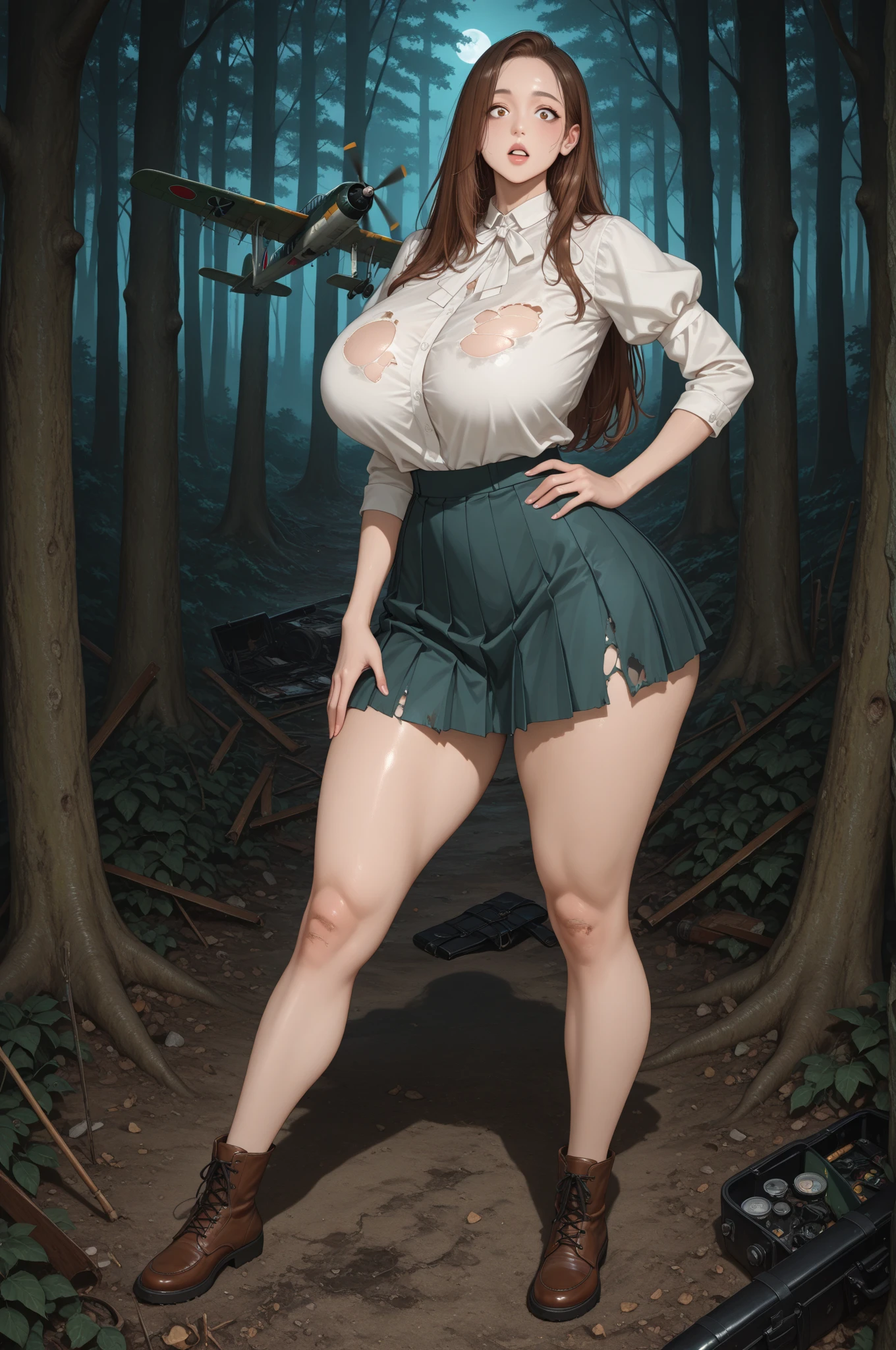 (masterpiece),highly detailed 3d character sheet, best quality, expressive eyes, perfect face, solo, front view, full body, naked plump hobbit woman, white skin, soft skin, light details, wavy chestnut hair, black atmosphere in the dark forest night, color rendering octane, unreal engine 5.8, uhd