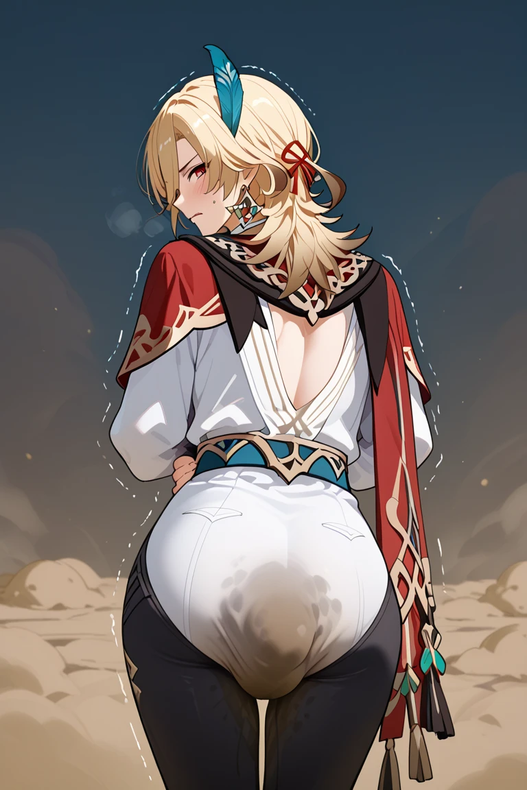 (Anime one, retro art style, Clean brush strokes, very detailed, perfect anatomy, NSFW), (park background), (hntsadlhorn), 1 girl (alone:1.0), eyebrows visible through hair, bangs, blonde hair, blue eyes, downcast eyes (sanpakugan:1.4), half open eyes (detailed and beautiful eyes:1.2), (shy smile), (open your mouth:1.2), (huge breasts:1.2, Bra on, white), Beautiful firm breasts, (panties are visible:1.6, white),(standing backwards),Showing the viewer your ass, Sticking,
