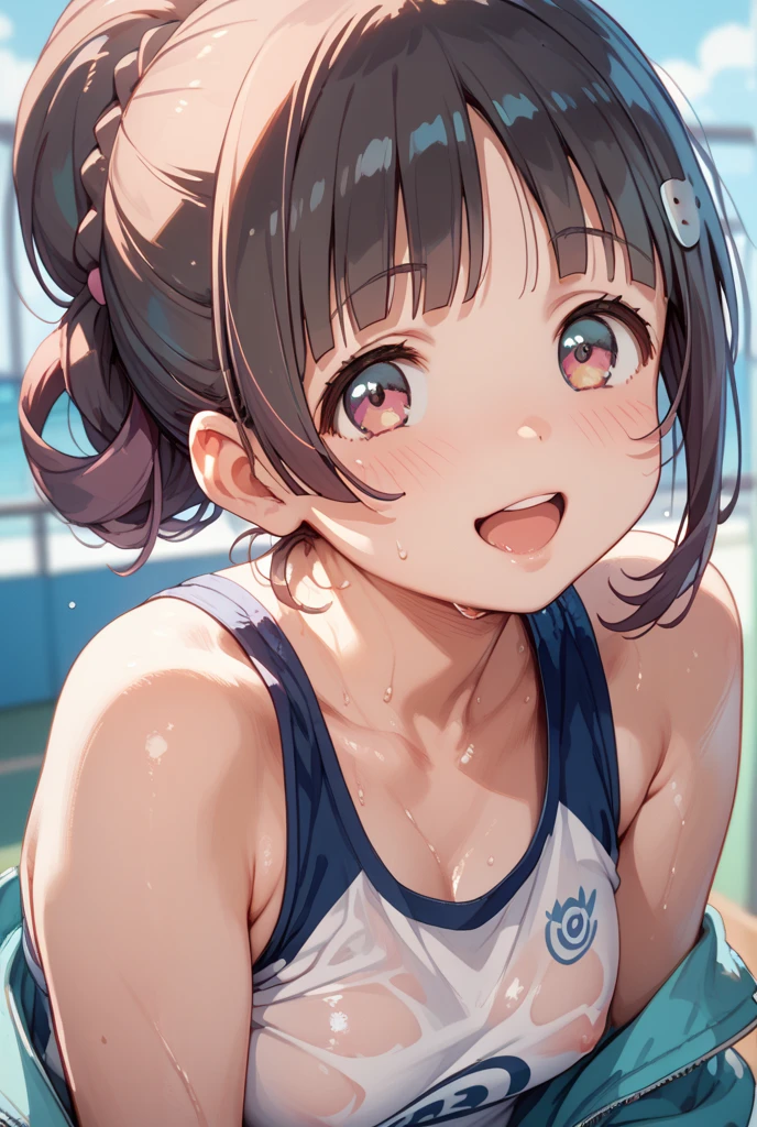 1 female,black hair,((12 years old)),(((White and blue sports bra and shorts)))(((blush、open mouth smile)),(((Yuki Mikan))),crowd(Baby girl body shape)(((small breasts)))squat,((wet with sweat))Outside playground,Mansuji
