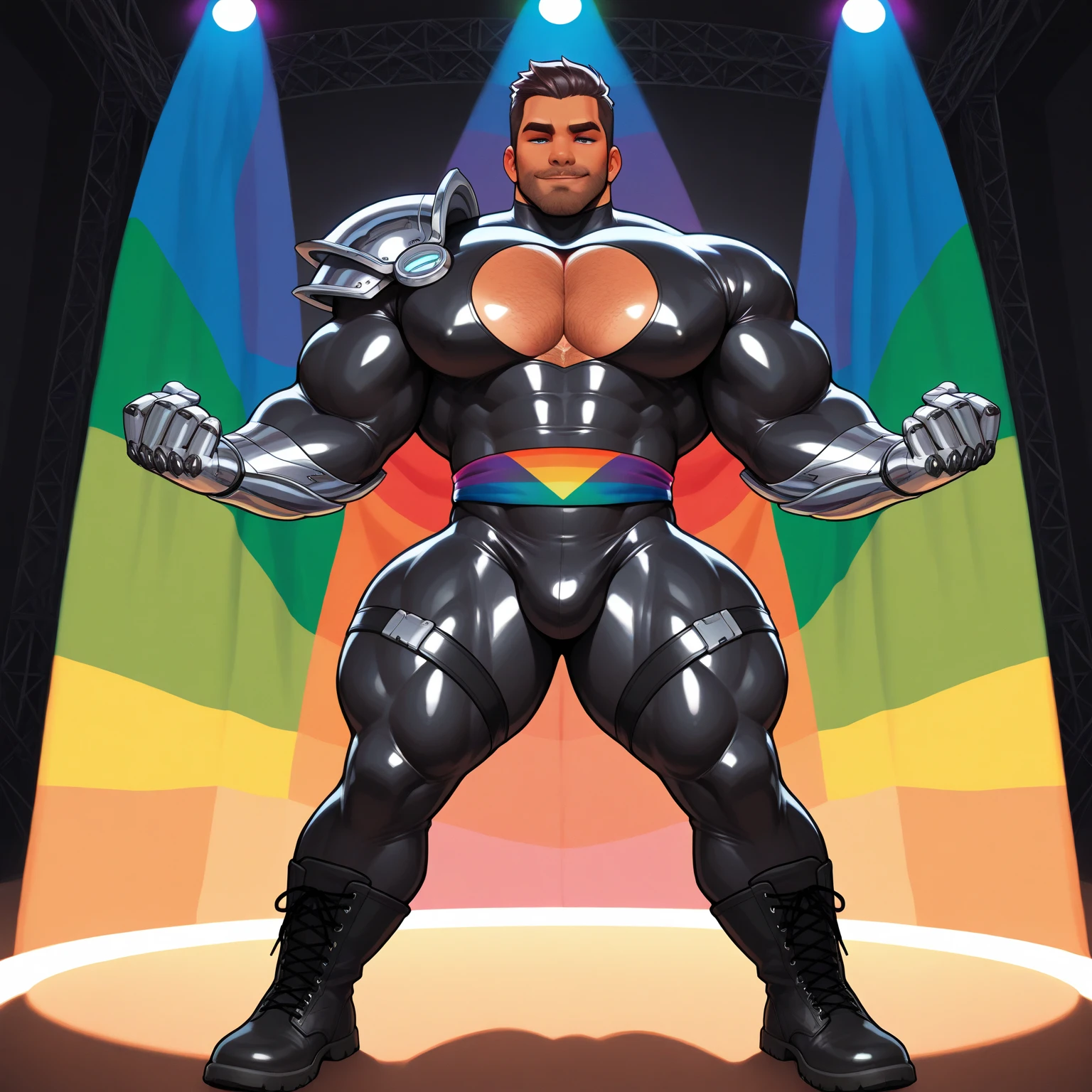 full view full body, the biggest heaviest hyper-massive overmuscular bodybuilded young white european effeminate guy with hype gay undercut haircut, lots of gay jewelery, shirtless showing off over-inflated and over-bloated huge pecs, pierced nipples with gold rings and chains, double-biceps, legs, abs, wearing latex shiny shorts and rainbow socks, no shoes, gay necklaces, bracelets, rings,, dancing in his socks in gay disco, showing off his rainbow socks, many various gay dancers around on the dancefloor.
