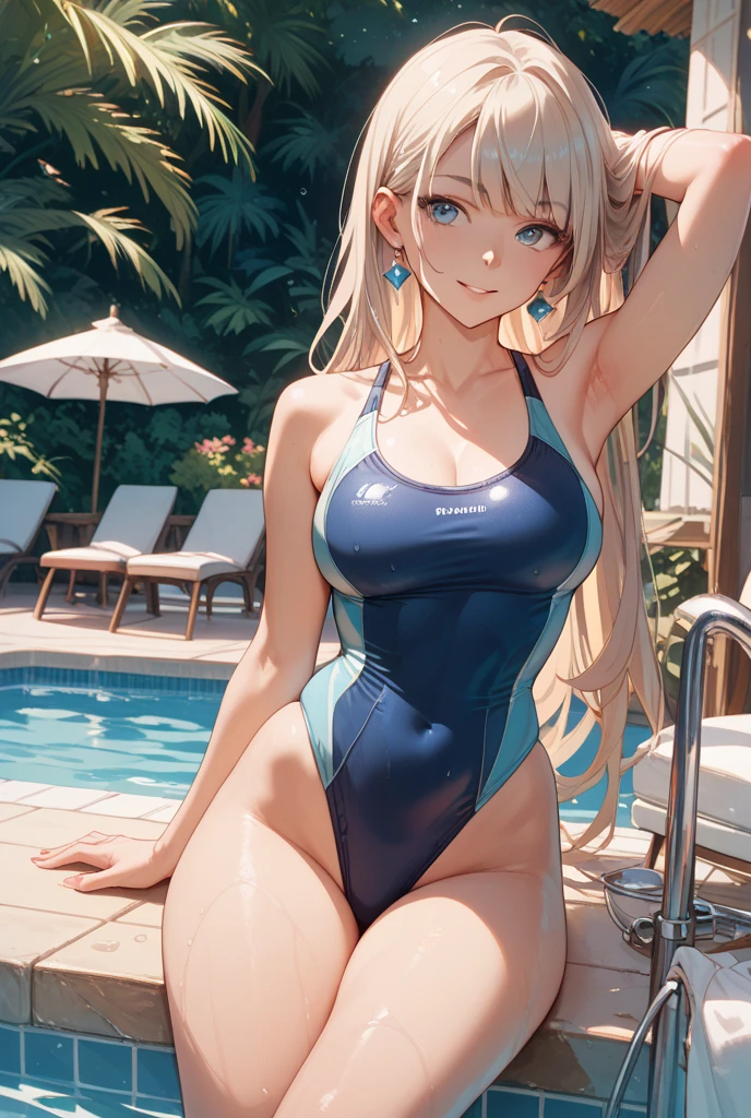 (masutepiece:1.2, Best Quality), (real picture, Intricate details), 1lady, Solo, Upper body, casual, Long hair, Minimal makeup, Natural fabrics, Close-up Face, Smile, school swimming pool, Long Light Platinum Blonde Hair, Bangs, Hair bangs, Bangs between the eyes, Green eyes, Big butt, School Swimsuit, Tight swimsuit, small detail