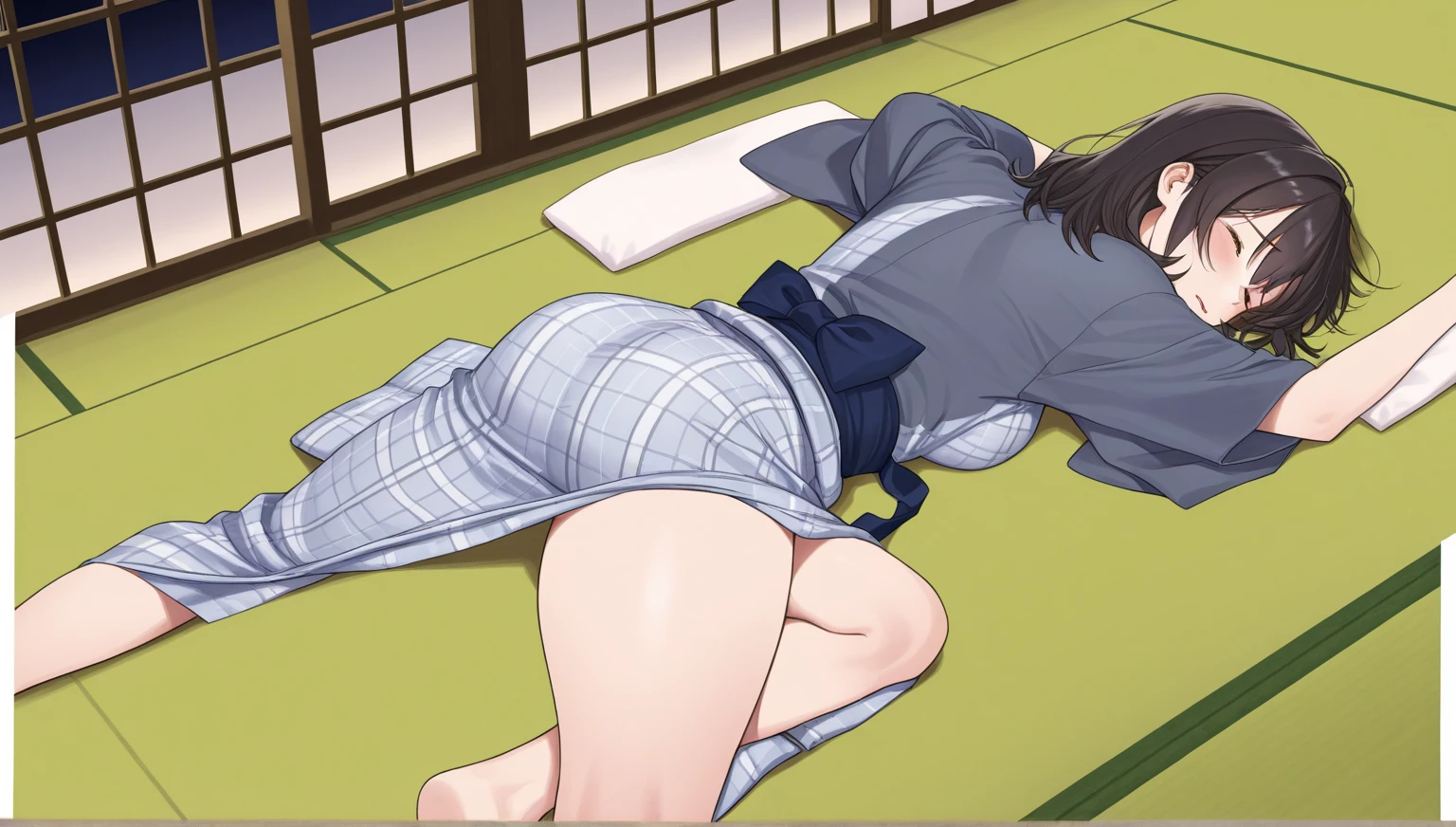 (perfect anatomy:1.2)(absurdres, highres, ultra detailed),masterpiece,best quality,high resolution,8k,Realistic face,Realistic skin texture,magnified textures, stunning clarity,(ultra detailed eyes and face),(1 girl:1.5),15 years old,black hair,messy bun,pale skin, mysterious eyes,,thin body type,big breasts,small ass, (black satin bra:1.4),(white fundoshi:1.6),(expressionless:1.1)(basuful:1.3)Steampunk in the meiji Period、night、(luxuary room of Japanese Ryokan)、look at viewer,(on all fours:1.5),Delicate atmosphere、,cowboy shot,(from back)