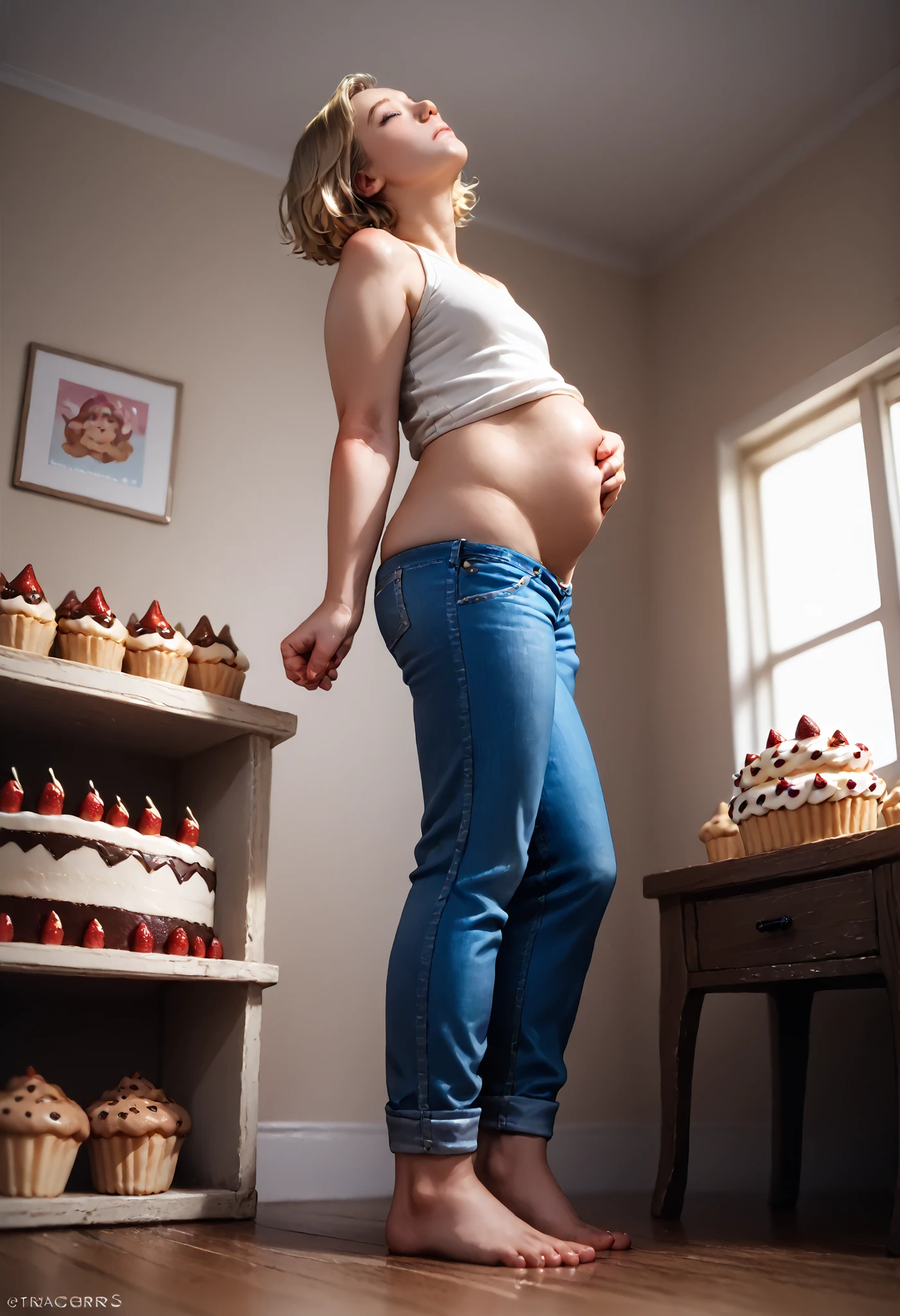 masterpiece, best quality, ,belly focus, blonde short hair, blue eyes, (wearing a tank top that rides up around her taut round belly), (high belly, round belly at top) (head looking up, eyes closed mouth open, tounge out), (shirt tug) (trying to cover her belly) rolled up denim capris, realistic detailed illustrations, sharp concentration on that detail, intricate, super detailed skin, (low angle) full body picture, (small belly), (pretty face), (from the side)stuffed belly, (side fat, muffin top) (tall woman)
low navel (belly lift:1.3), (inside a cake shop)
exposed belly