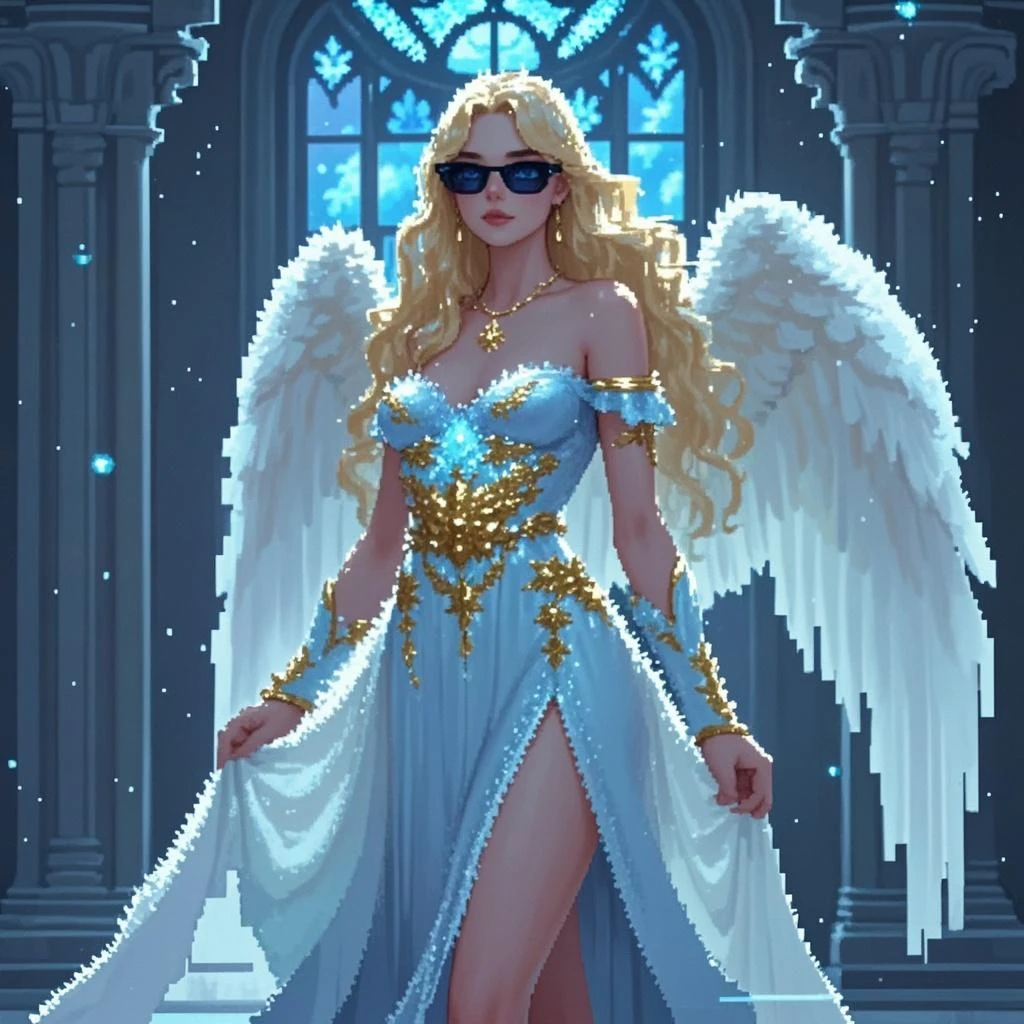 Arafed, a picture of a female angel in high society prom event, divine beautiful female angel, blond hair, long hair, flowing hair, the hair glows in a soft light, cerulean eyes, deep light eyes, divine beautiful face, (spread white feather wings: 1.1), she wears a ((red and black evening dress: 1.2)), elegant, intricate detailed dress, silk dress, small cleavage, some crystals on the dress, she wears elegant knee high heeled boots, exquisite high heeled boots, she stands on the porch of a fantasy castle, dynamic angle, soft torch light, (Masterpiece: 1.5), 16k, highres, best quality, high details, ultra detailed, masterpiece, best quality, (extremely detailed), AngelStyle, GlowingRunesAI_paleblue, angel_wings, Angel