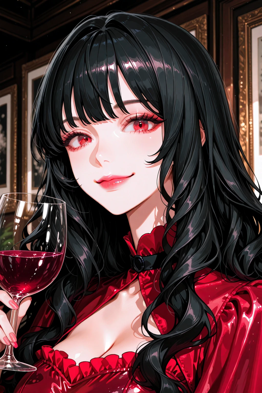 High resolution, high quality, High-resolution model, High detail, Very detailed, (Shot from the thigh up:1.3), (holding a wine glass:1.3), (Slim figure:1.5), goddess, long hair, Grown-up face, A relaxed expression, Dark Eyes, Gradient eyes, Front bottom shot, Her hair is black on top and red on the bottom., Circlet, Neon-like earrings, Black long dress, Shiny black and red gothic embellishments on the dress, There is a mysterious halo in the background, Mysterious light in the background, A shelf with wine bottles neatly lined up all over the background, Fantasy atmosphere