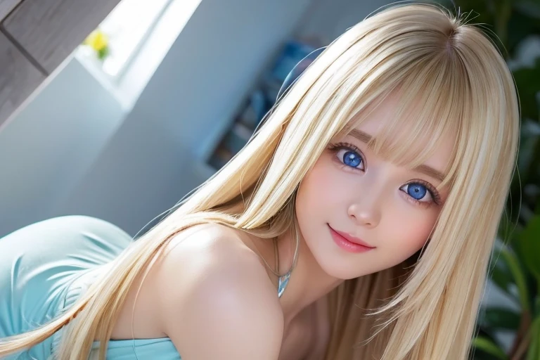 Sexy 17 year old with dazzling shiny blonde hair、The cutest little beautiful face in the world、Sparkling bangs dancing in front of her pretty face、Long, silky bangs that cover the eyes、Large, clear, bright blue eyes、Super long straight hair、Cute young woman with super long blonde shiny light hair