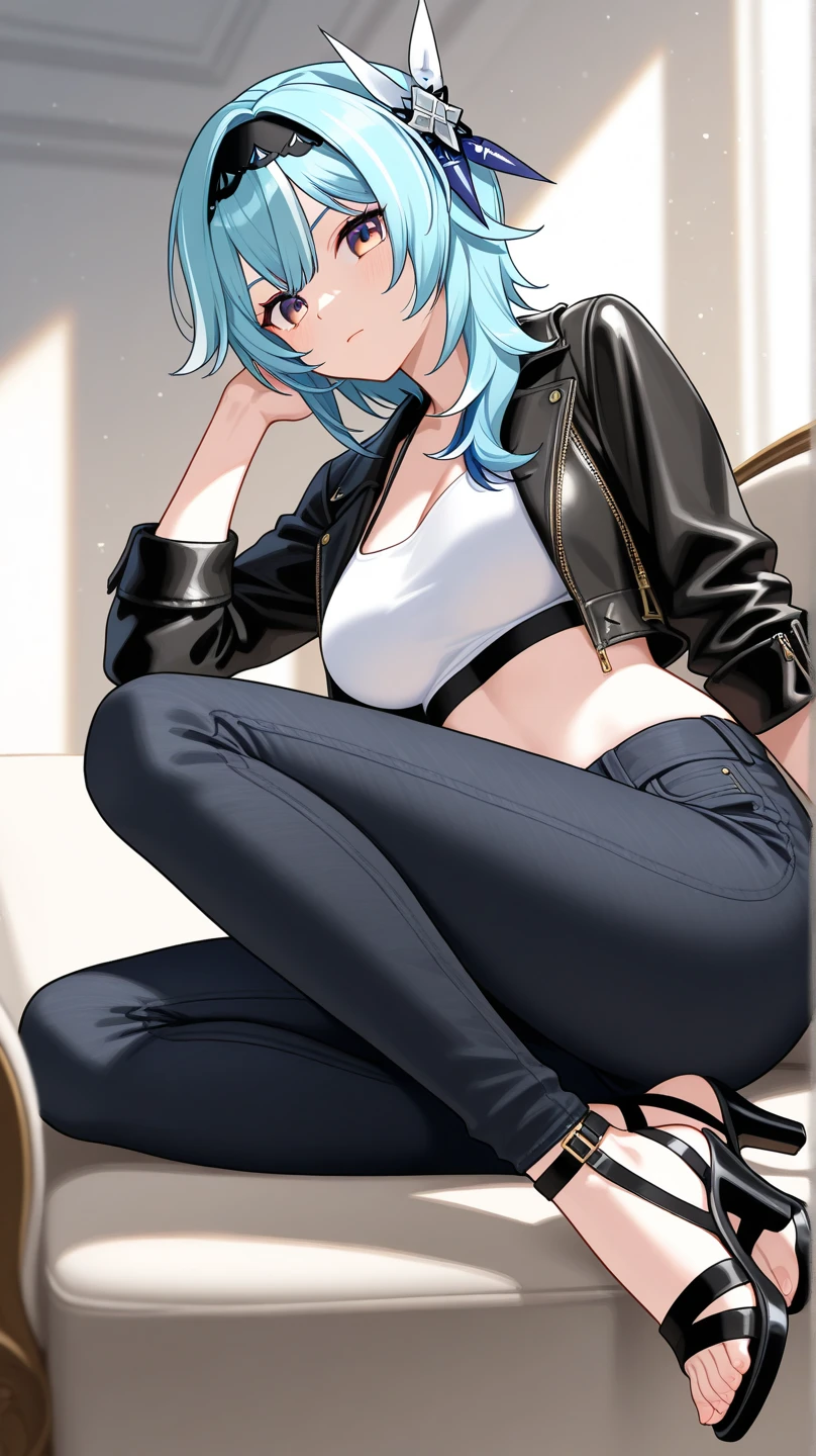Estilo anime, chica alta de cabello largo y amarillo en tono vibrante, sus ojos son azules brillantes, destacando en contraste con su cabello. Posee unos pechos grandes que resaltan su figura, and his smile is accompanied by a seductive wink. His perfectly sculpted body is wrapped in a black leather jacket, combinada con una camisa blanca impecable y unos jeans ajustados en tonos azul oscuro que realzan su figura. Las botas negras hasta las rodillas completan su atuendo.
She is lying on a red sofa, con las