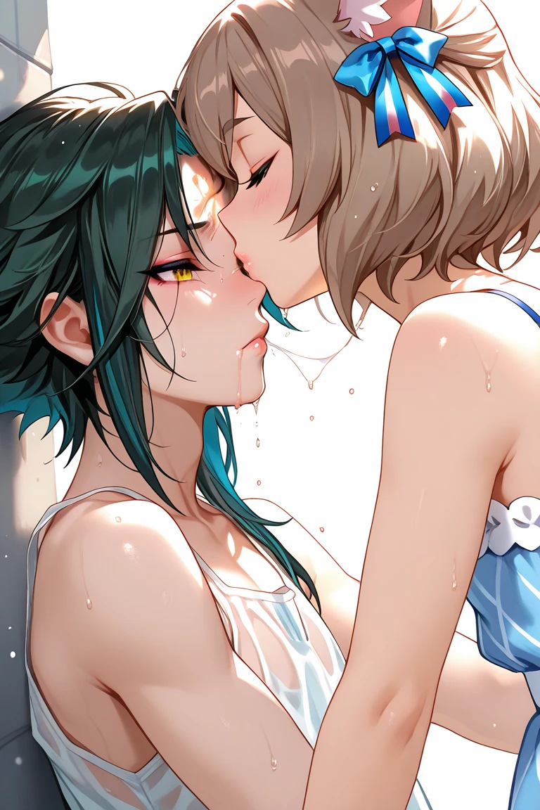 (high detail, high quality, best picture quality, masterpiece), multiple girls　naked bandage　from above　at a long distance　in a rule of thirds composition　Two cute Girls　Night sea　dark scenery　moon　moonlit sea　Backlight　Strong backlighting　(The girl on the right is short and has a medium bust/Blue eyes/brown ponytail)　(The girl on the left is tall and has a large bust/Red eyes/purple hair/Princess Cut, long hair)　(Facing each other and holding hands)　(Place your other hand around the other persons waist)　(White or floral bikini)　shiny glossy iridescent clothes　shiny glossy latex gradient iridescent bikini　shiny reflective bikini　(((Close Face)))　((Face to Face))　((Kissing Soon))　Face to face　Gazing at each other　((Right before the kiss))　On the brink of kissing　Embarrassed expression　Blushing　Half-Closed Eyes　Wet body　(Choker or pendant)　(Earrings or pierced earrings)　Alternating Breast Size　Bouncing Breasts　Dangling Breasts　