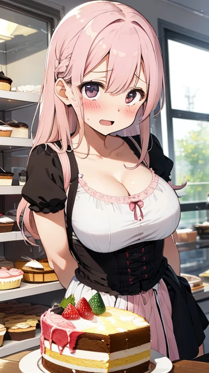 ((32k)), ((best quality)), ((ultra high res)), ((HDR)), ((UHD)), ((extremely detailed CG)), ((unity 32k wallpaper)), (1girl), ((14 years old)), (ideal ratio body proportions), long hair, (breasts), looking at viewer, blush, smile, bangs, thighhighs, bow, holding, cleavage, jewelry, (pink bikini), (medium breasts), closed mouth, standing, swimsuit, (pink hair), short sleeves, bikini, ((cowboy shot)), earrings, frills, food, black thighhighs, indoors, bowtie, apron, cup, puffy short sleeves, wrist cuffs, grey eyes, thigh strap, detached collar, side-tie bikini bottom, thigh gap, table, single thighhigh, waist apron, white apron, plate, tray, teacup, cake, frilled apron, bridal garter, holding tray, cake slice, (night), ((from Behind)),