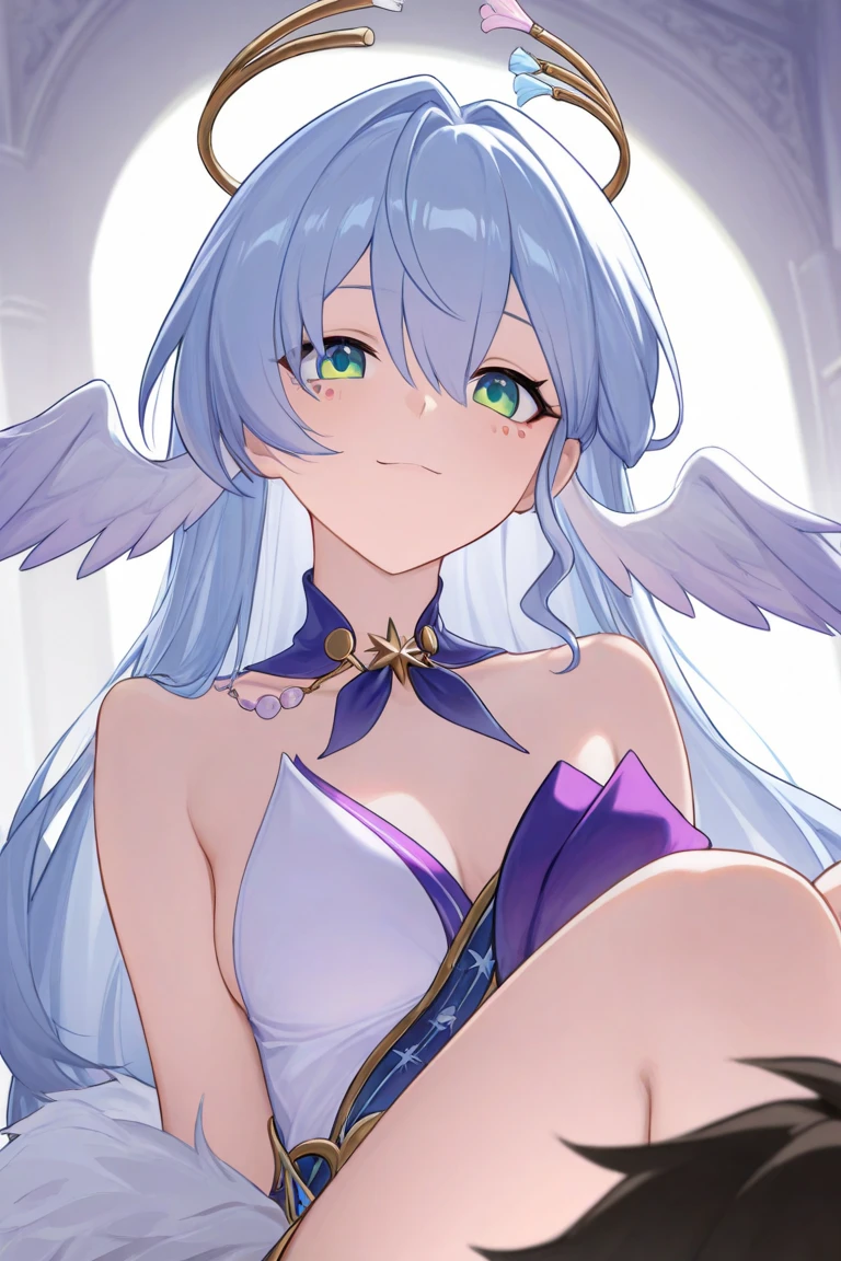 masterpiece,best quality,<lora:robin_sunday:1>,robin_(honkai:_star_rail),head_wings,ahoge,gloves,handbag,1girl,halo,detached_sleeves,jewelry,white_gloves,star_\(symbol\),white_dress,earrings,dress,