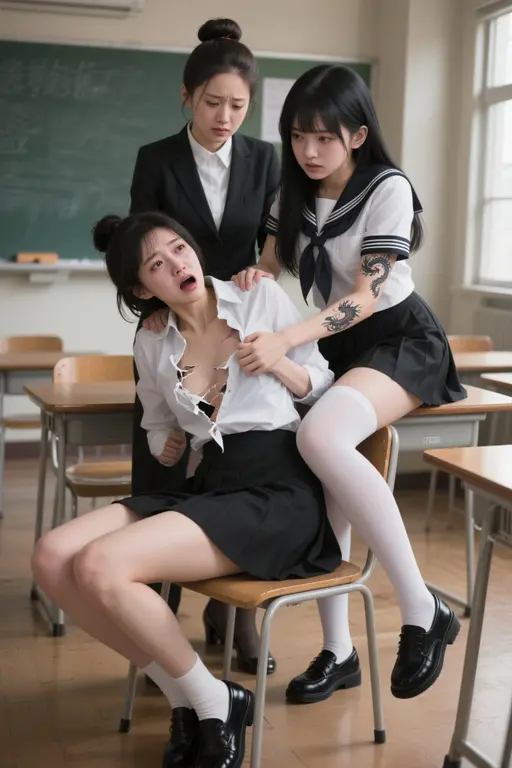 A young schoolgirl wearing latex leggings in the classroom, the girl is lying on a table in a sexy position, without a shirt, a teacher is standing behind her.
