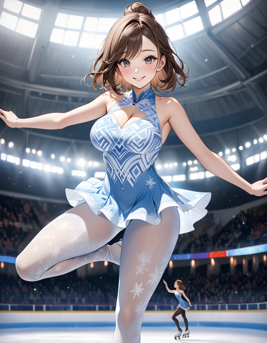 (((masterpiece))), (((best quality))), (((knee slides))), ((dancing on grand ice skating exhibition)), blue bling decorate lace qipao dress, see through sleeves, cinematic light, countless crowd, wind, night, solo, 1girl, high neck, (((big tits))), collarbone, sweat, ribbon, gray braids, rosy lips, open mouth, shy, blush, slim figure, <lora:girllikekneeslides:1>