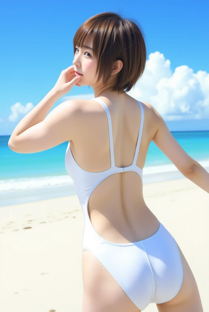 Adorable, Seaside, Japanese Girls, (Portraiture, close:1.2),Exposed forehead, Scrunchie,( cheek,Glossy Lips:1), One piece swimsuit, View your viewers, ,Sweaty, (), (Suggestive, smile:0.7), (Pale skin:1), (Put your hands behind your back), sunset, catch_Light,