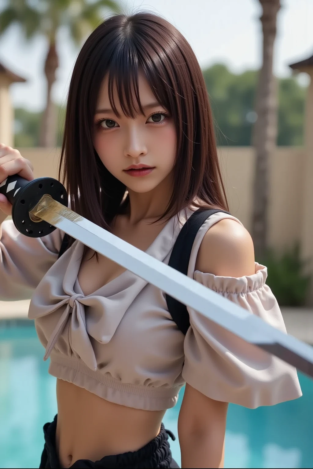 (Japanese sword &References;Muramasa 2&References;.0)Beautiful and cute woman、Tie your hair back、hair ornamentartial artists、Warrior、Clear eyes、Arm tattoo、warrior、(Japanese swordを両手で構える、1.2)(Japanese sword)Posture in the middle、One sword and two cuts、