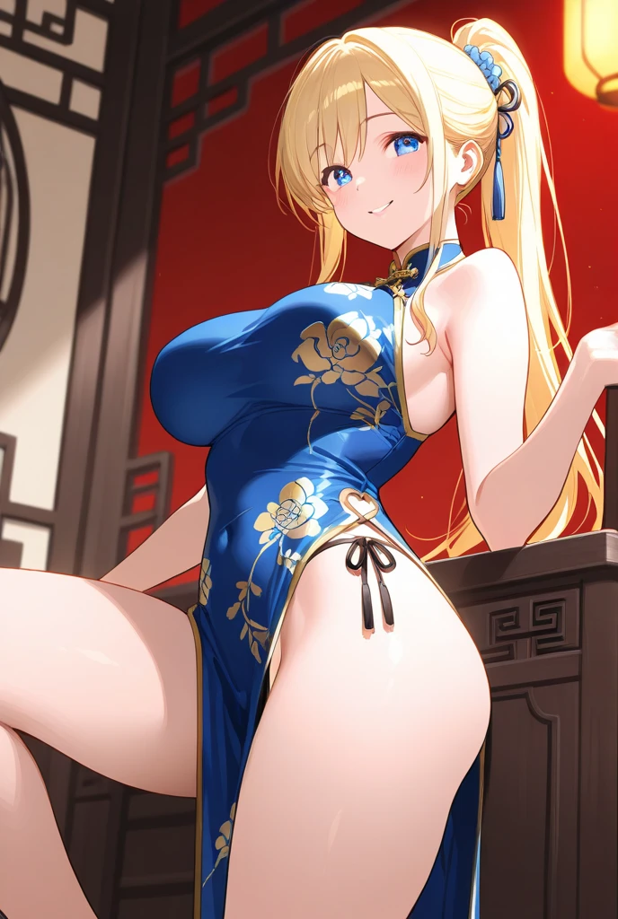 ((masterpiece)), ((best quality)), (ultra-detailed), ((kawaii)), cute, (lovely), ((sexy)), (ero), ((extremely detailed)), 4K, (8K), best quality, (beautiful), in the middle, in the room, luxury bed, night, a pretty woman, solo, bare shoulders, china dress, chinese clothes, short dress, cleavage cutout, sideboob, thighs, beautiful gold hair, beautiful light blue eyes, ((beautiful eyes)), long ponytail,center parted bangs, earrings, smile,parted lips,huge breast,standing
