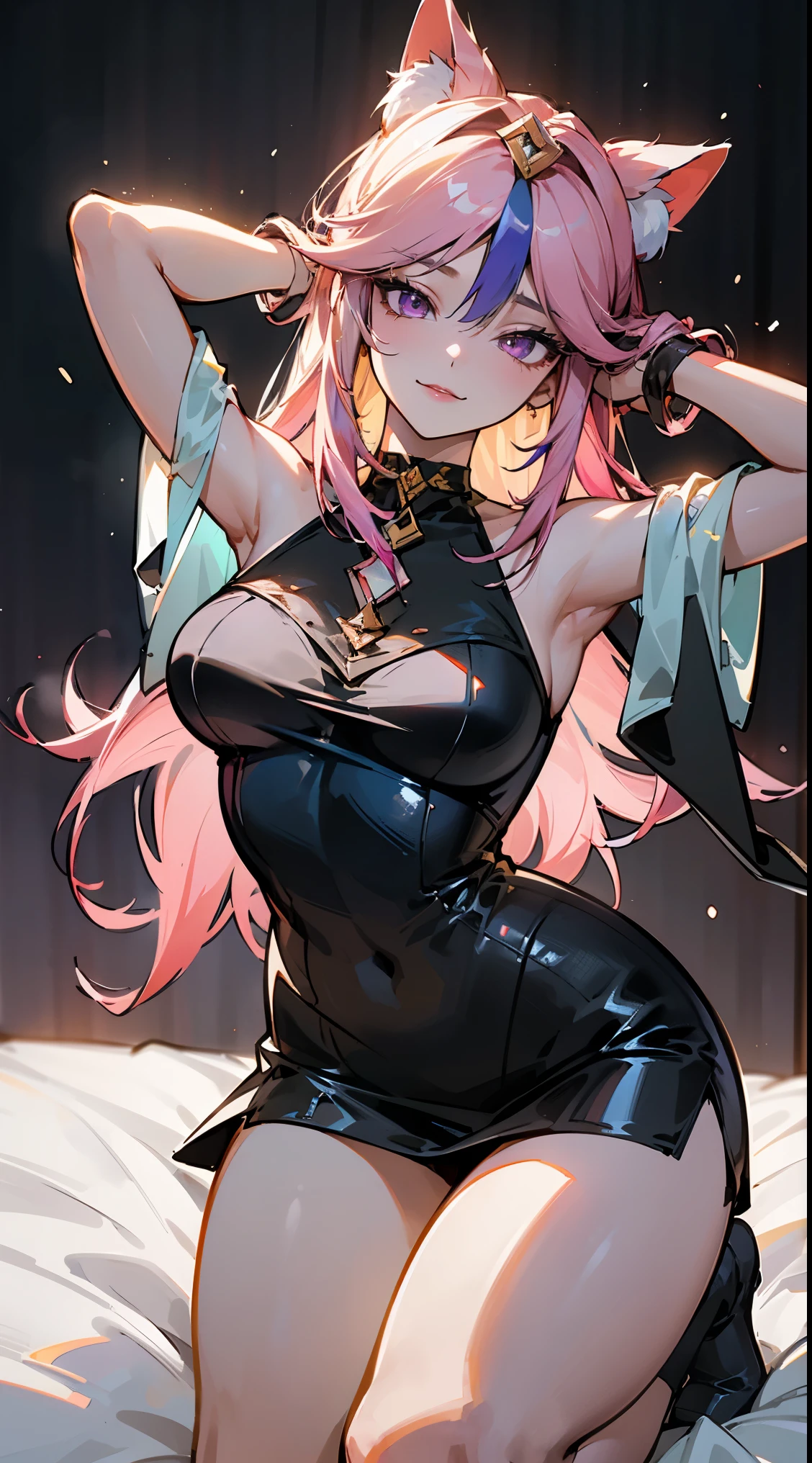 masterpiece, best quality, shadow, 21 years old, older woman, A pink haired woman with violet eyes with an hourglass figure wearing a violet lace dress is blushing in a flurry of peony petal, thigh, ass, breast, nsfw,