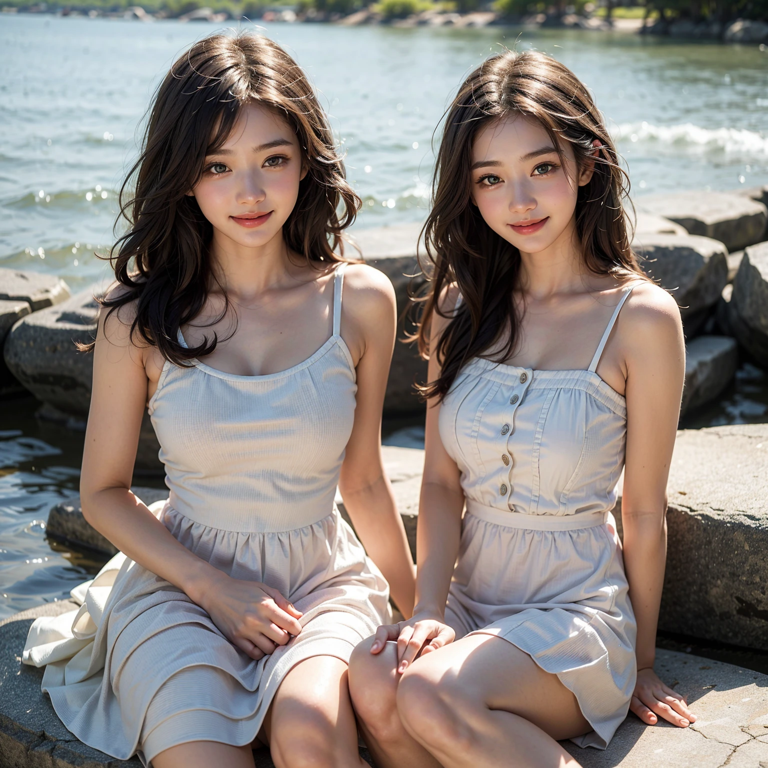 best quality, ultra high resolution, (photorealistic: 1.4), (detailed beautiful girl: 1.4), (medium breasts: 0.8), olhando_no_visualizador, detailed facial details, beautiful and detailed eyes, (brown hair), brown eyes, smile (makeup: 0.4), red lips, (full body, sitting, beach, high waves, ), very detailed clothes, (ulzzang-6500-v1. 1:0.3) \, cats, strong wind,