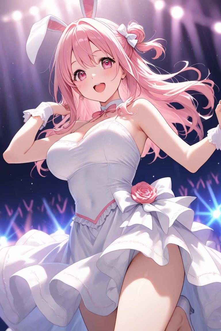 highest quality、High resolution、Detailed Background、(Beautiful face in every detail:1.4)、Anatomically correct、(Detailed facial expressions)、Teenage beauty、(Highly detailed face:1.4)、(Huge breasts:1.3)、Accentuate your cleavage、Show your side、A big smile、smile、
A sailor dress with a fluttering pink ribbon、A soft silhouette、Pretty figure、Cute gestures、
Standing on stage with big shining eyes、A sparkling smile that captivates the audience、A clear singing voice echoes through the venue、I was enchanted by the heart-tugging voice.、Her small hands move gracefully as she sings、I'm fascinated by her angelic behavior、A dreamlike sight、I am fascinated by her pure expression.、This moment is so wonderful I want to hold it forever、I'm grateful for the miracle of meeting this lovely girl.、A goddess of the stage who continues to shine forever、cute