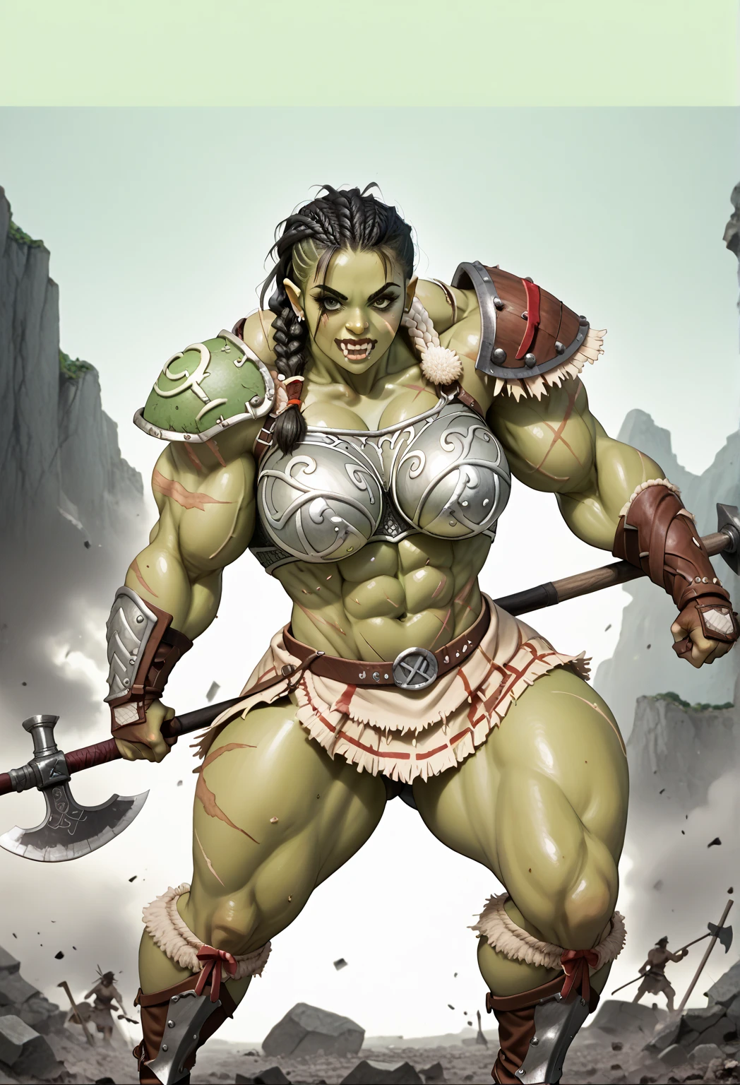 score_9, score_8_up, score_7_up, score_6_up, score_5_up, score_4_up, 1girl, <lora:RakaWOW:0.85> orc, muscular, muscular female, tusks, pointy ears, colored skin, green skin, mohawk, braid, black hair, earrings, jewelry, loincloth, full body, standing, flexing, looking at viewer, smile, 
light blue background, simple background,