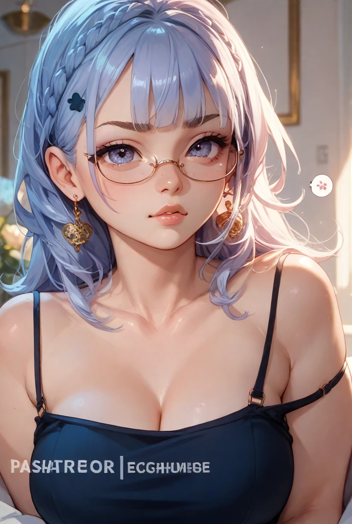 Beautiful female, golden brown eyes, curly blue hair, short hair, detailed body, detailed hands, sitting on bed, doe eyes, begging expression, soft features, thick framed round glasses, twink, blue pajama, navy blue tank top, good quality, open legs, big tshirt, thigh highs, pleading expression, petite female, huge boobs, lustful smile, drooling, older woman, eyes rolled back, ecstasy, sexy, begging, hand on crotch, dark blue hair
