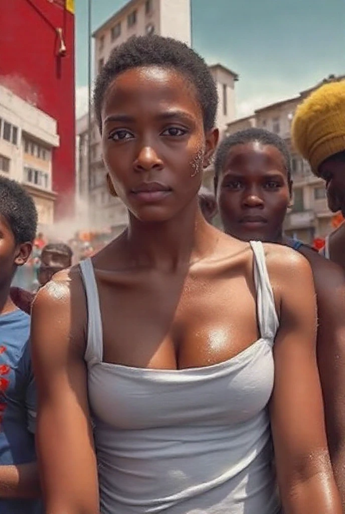 a beautiful dark-skinned woman dancing, detailed realistic portrait, 1 girl, dancing in the street, high jump, jewelry, breasts, (dancing:1.4), bracelet, navel, toys, focused only, anklet, dark-skinned woman, stomach, blurred background, long hair, clinging, blurred, cleavage, black hair, skirt, photorealistic