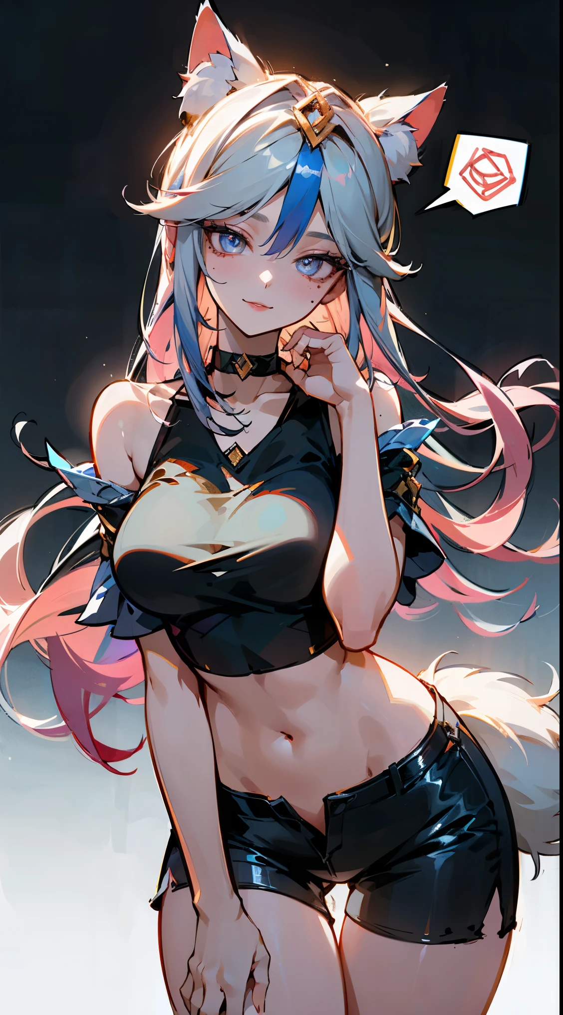 best quality,masterpiece,8k wallpaper,absurdres, highres, ultra detailed, (1 young beautiful girl, solo:1.1),realistic,k/da (league of legends), solo, animal ears,gloves, fox ears, hair ornament, long hair, blonde hair,blue eyes, whisker markings, fingerless gloves, pink hair,multicolored hair,official alternate costume, asymmetrical clothes, makeup, facial mark, hairclip, breasts, skirt, thigh strap, lips, gradient hair, fox tail, single glove,fox tail, (nine-tailed fox (mythological creature):1.3),A fairytale land where magical creatures live and thrive,BREAK