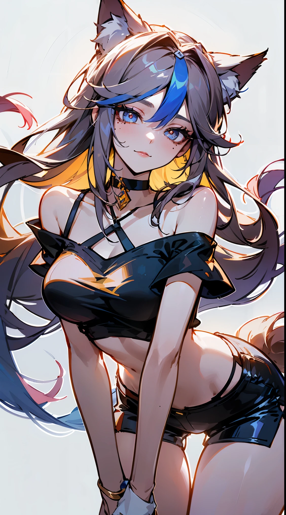 first place girl,Black top hat,smoke,Long straight hair,Dark brown pupils,白色外套配黑色紧身Navel exposed装,tight one piece swimsuit,头戴Black top hat,Expression is inevitable,Smile,Navel exposed,Clothes with black as the main color