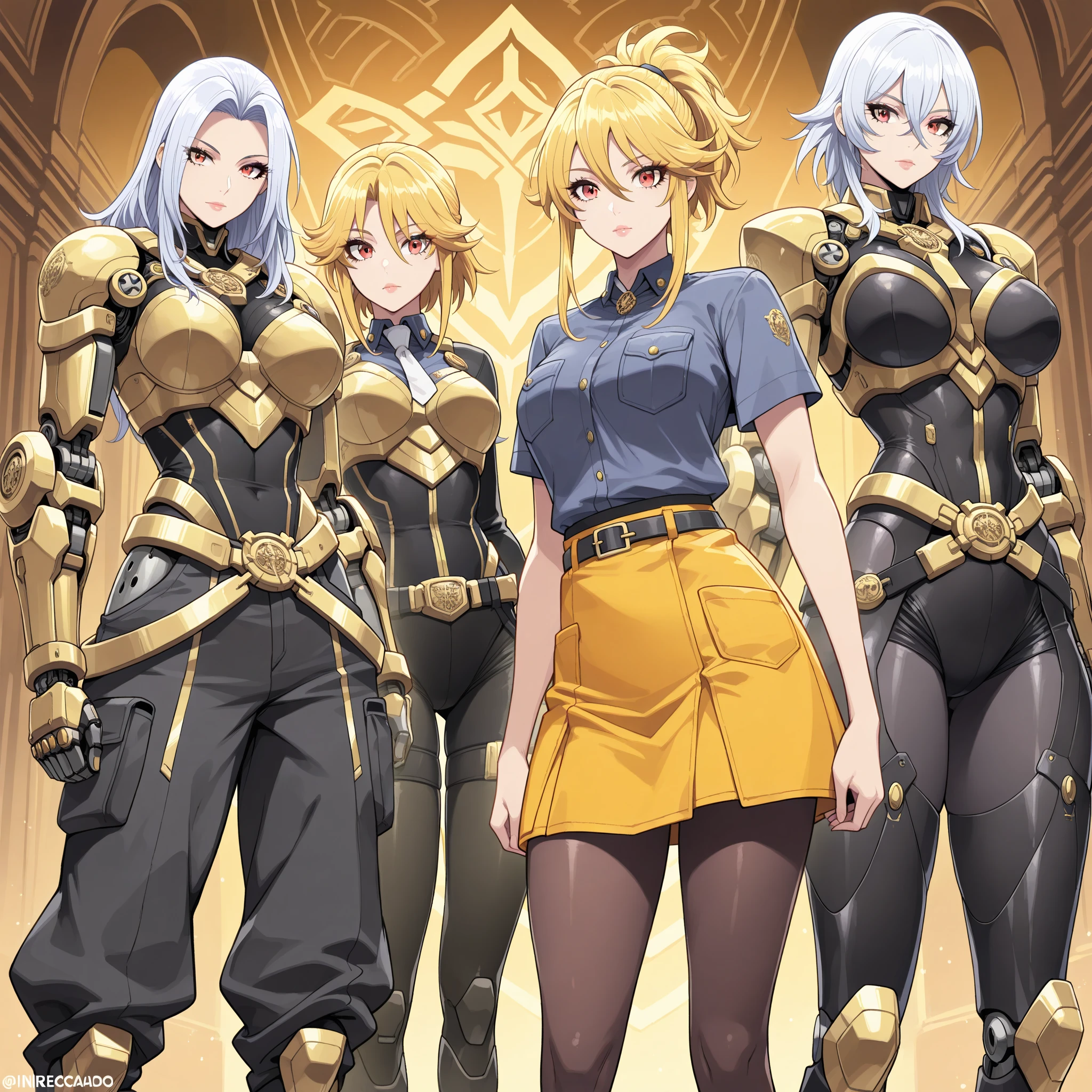 Knight that’s also a pop singer idol. Armor. Beautiful. Siren. Peppy. Blond. Tan. Latin. Diva. Long hair. Charismatic. Popular. Singing. Popstar. Marching band outfit armor