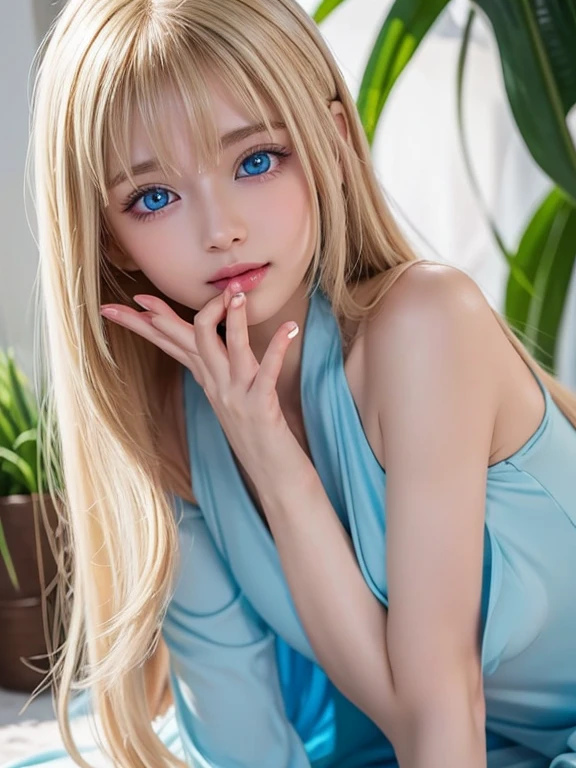 portrait, , bright expression, ponytail, Young shiny shiny white shiny skin, Best shot, Blonde reflected light, Platinum blonde hair with dazzling highlights, shiny light hair, Super long silky straight hair, Beautiful bangs that shine, Glowing crystal clear attractive big blue eyes. Very beautiful nice cute 16 year old girl, Lush bust, smile,