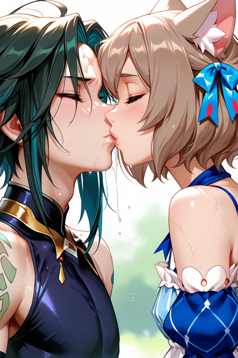 (masterpiece, best quality, ultra-detailed, high resolution, detailed eyes), nsfw, takeda hiromitsu style, {{{2mature females}}}, multiple females, (40 years old), big eyes, tears, pet collar, (blushing:1.3), french kiss, (drool:1.4), (breath:1.3), in heat, orgasm, hugging