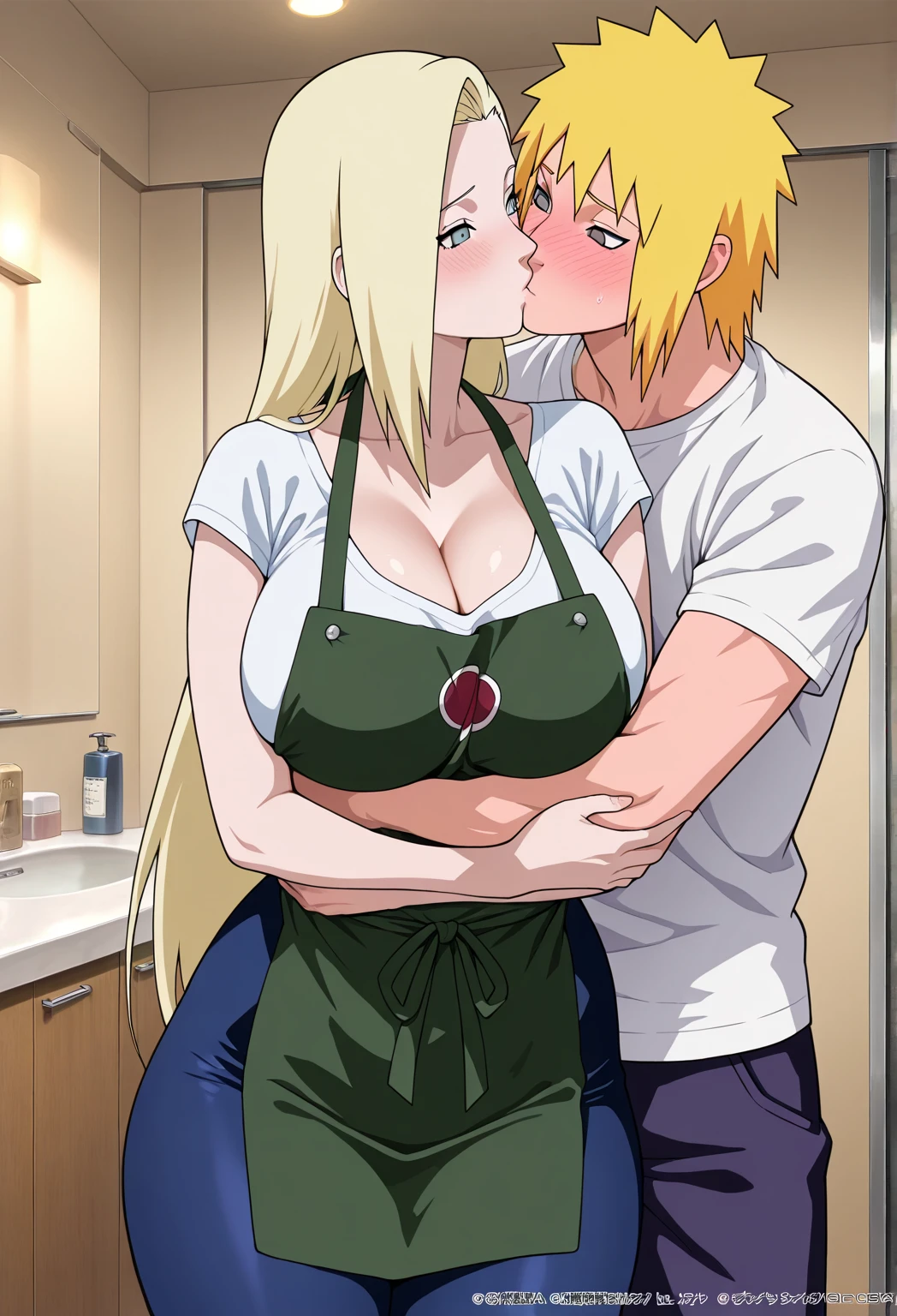 1girl, tsunade, 1boy, uzumaki naruto, small boy, size difference, bed, squat down, cowgirl position sex, small penis, blush, rolling eyes, open mouth, hairy armpit, hairy pussy, Realism, from side, accurate, anatomically correct, high quality, best quality
