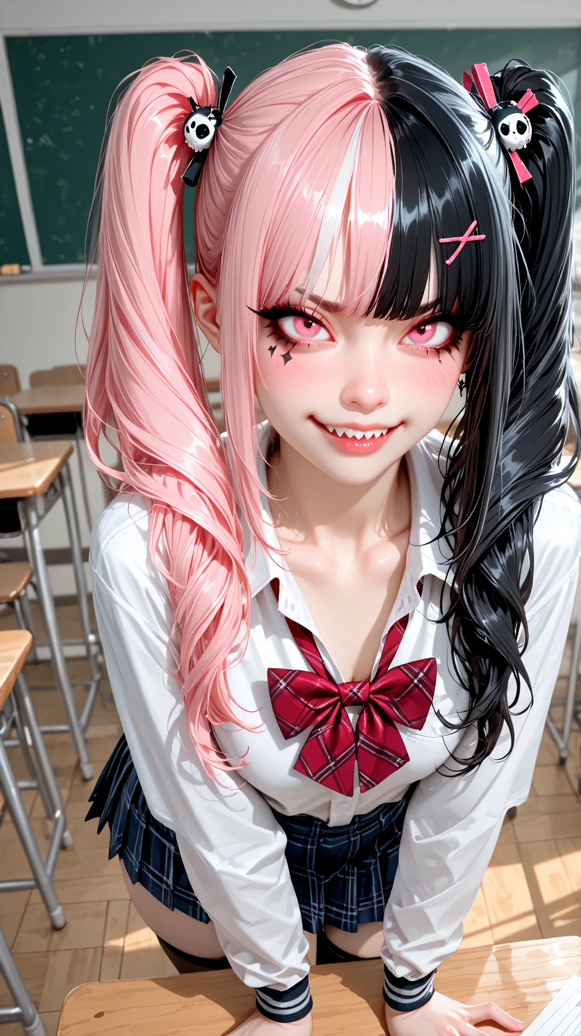 (Perfect anatomy), masterpiece, ultra high quality , 16k, masterpiece, higher quality, Ultra-high resolution, maximum resolution , ultra detailed, professional lighting, anime, so beautiful , Highly detailed 16k eye, highly detailed face,hyperrealistic eyes , Pretty Eyes , better quality, pretty face, attractive face, detailed facial test , Rotulo2, seductive face,(extremely detailed and high quality illustration),(best lighting and shading effects, high detail, medium, nice hips, perfect body, 1 girl, alone, high resolution, masterpiece, best quality, detailed CG, detailed face, detailed skin, small breasts, black hair and pink hair, split color hair, long hair, pigtails, curly pigtails, pink eyes, eyeliner, punk makeup, angry, blushing, emo, punk, shiny, kawaii, evil smile, smirk, e-girl, sharp teeth, pink hairpin, short, shiny, school uniform, white shirt, red bow, blue skirt marine, stockings, looking viewer, dynamic pose, close-up view, classroom,