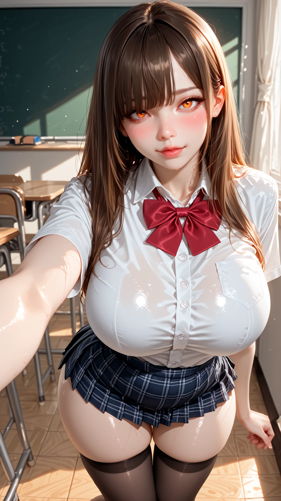 (Shibari, hands behind the back:1.4), (hands behind the back), full body photo, A detailed face, Clear face, Beautiful Girl, (Looking here), perfection female form, perfection face, Glossy pink lips, Expressive eyes, eye shadow, eyeliner, light brown colored hair, (ponytail), (Glasses), ((very thin waist:1.2)), ((Big breasts about to burst:1.3)), (((nipple))), Thigh, Kneeling position, belly button, (Sexy look:1.4), (sexy white ornate open shirt), Shiny skin, sexy white ornate panties, (Navy blue miniskirt), ((Navy Pleated miniskirt)), Tied with red wire, Red wire, Neck Binding, Tying hands, Tie around the body, Interlaced Bonds, Multiple wires, Tether creates an overall look around the body, (Sports warehouse), ((Wet skin:1.2)), ((Very thin fabric:1.3), (Reddening cheeks), ((cleavage of the breast)),