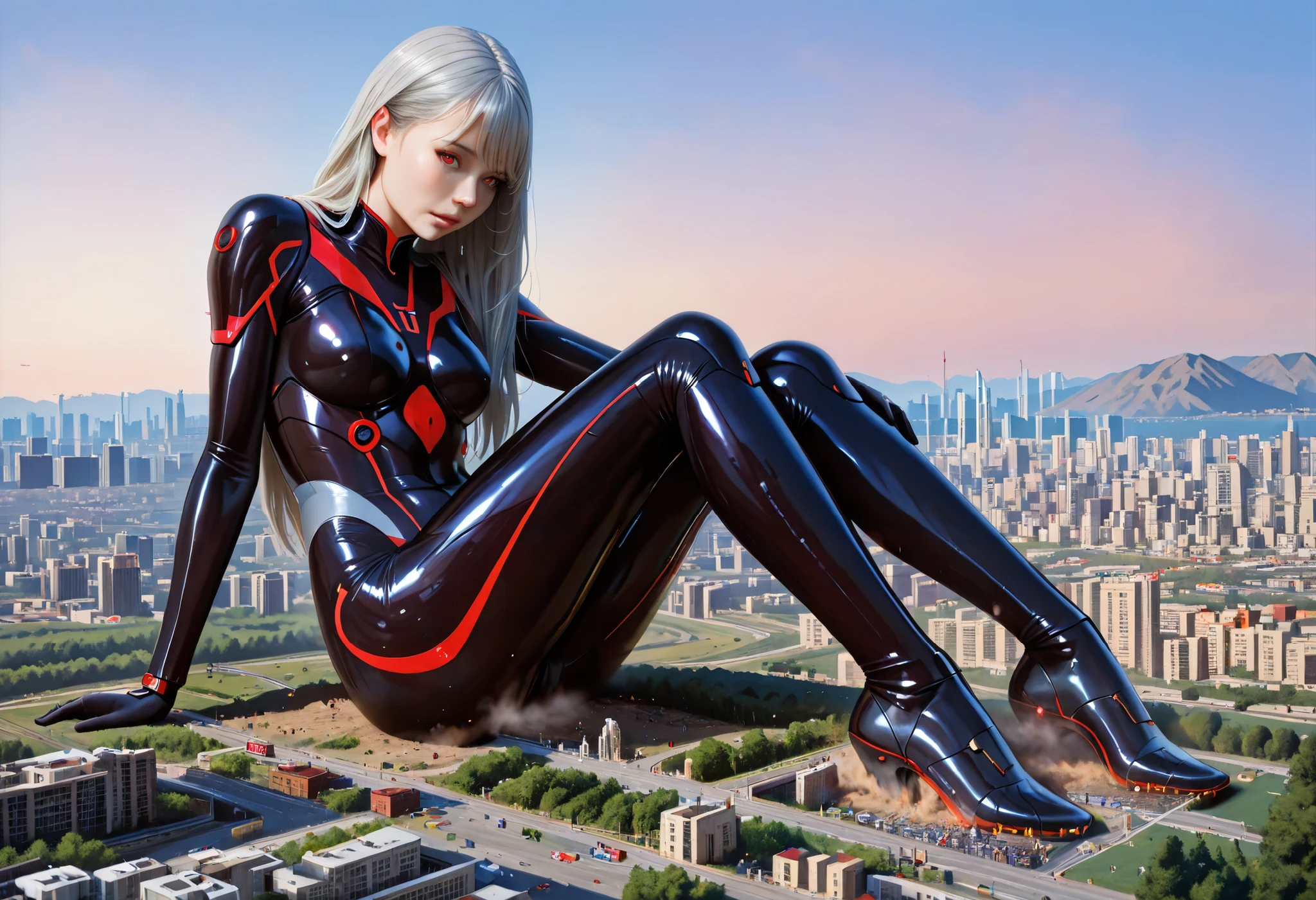 (realistic photo:1.5), (realistic:1.0), 1girl, giantess, depicted in a stylish anime art style with a high-tech armor theme, wearing a sleek and futuristic bodysuit, slightly removed from the viewer, the suit is predominantly blue with vibrant accents of red and yellow, the suit has an angular design and sparkling elements, her long silver hair cascades down her back, Her chest is making a huge sucking noise, her expression is calm yet confident, her eyes show calm determination, details of the suit while creating a dynamic contrast, the suit is energetic and futuristic, capturing the essence of adventure and readiness for action, citybkg, (from front:1.3), full body