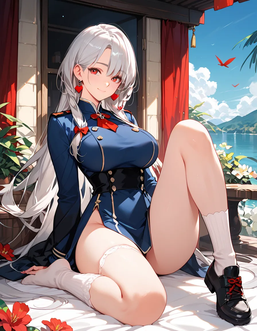 hight resolution, absurdres, best_Quality, Ultra_Detailled, 8K, extremely_clear, photo, beautiful, Beautiful face, Scharp Focus, HDR, 1girl, Clean eyes, very wide-eyed,old japanese town in the mountains in the background , Beautiful face, very red areola, standing , very seductive pose, very young, no bra, bare chest,  , naked, No Top, NSFW, gray hair with ponytail, bare, no clothing, pussy