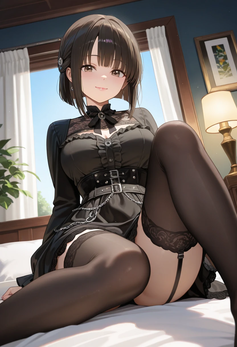 (masterpiece, top quality, high resolution, realistic photos, realistic looking skin:1.1),
(The woman is sitting on a sofa in a hotel lobby:1.8),
(Her dress is so short that you can almost see her panties: 1.8), 
(Frontal view looking at her: 1.8),
(She has a smirking, smiling expression on her face:1.8),
(Since this is a hotel, she is not on her thighs, knees, or knees, or in any other manner: 2.0),
(She is wearing a black velvet, long-sleeved, off-the-shoulder mini-dress:1.8),
(She is wearing black, middle boots: 1.8),
(panties are red with a pattern: 1.5),
(bra and panties always come as a set: 1.5),
(Medium ponytail with brown hair:1.5),
(She has a small face:1.5),
(She is 25 years old: 1.5),
(She has D-cup breasts, so you can see her cleavage through her breasts: 1.5),
(The place is a sofa in a hotel lobby:1.5),
1 Japanese girl, solo, full bodied esbian, beautiful eyes, glowing eyes, glowing thighs, NSFW